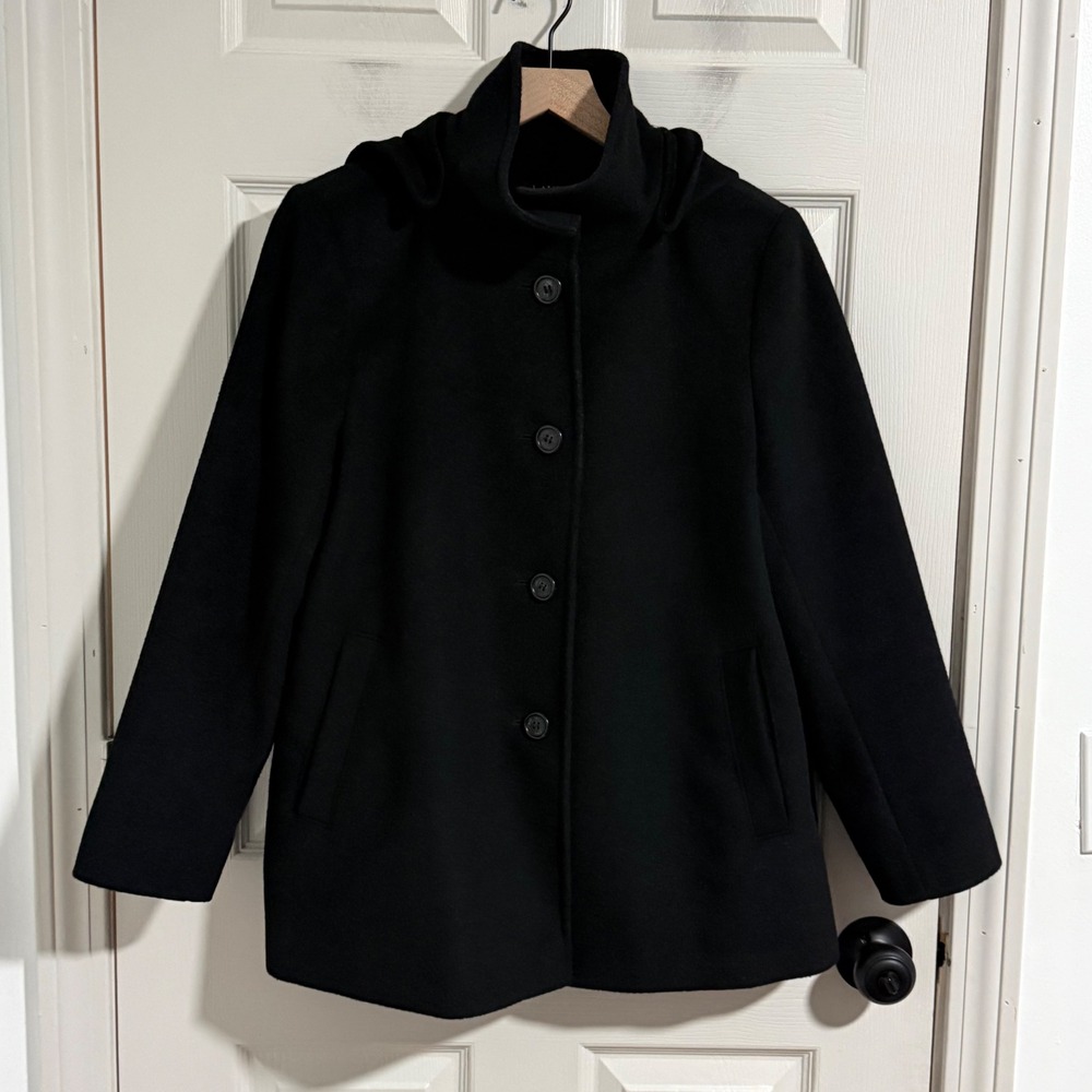 Lauren Ralph Lauren Pea Coat Women PM Black Wool Blend Detachable Hood